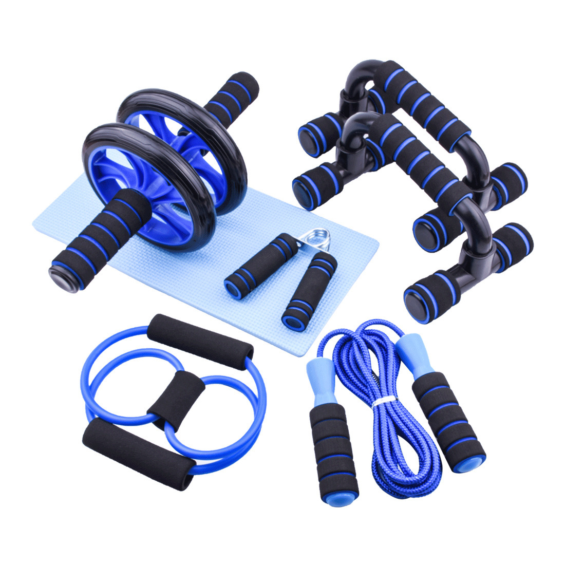 AB Wheel Roller, Push-up Bars, Hand Grippers, Speed, Endurance, Posture, Workout Difficulty, Comfortable Grip, Beads of Sweat, Assembly, Space Saving, Knee Pad, Rope, Stability, Abdominal, Workouts, Hand Gripper, Multifunctional, 6-Piece Training Equipment, Six piece