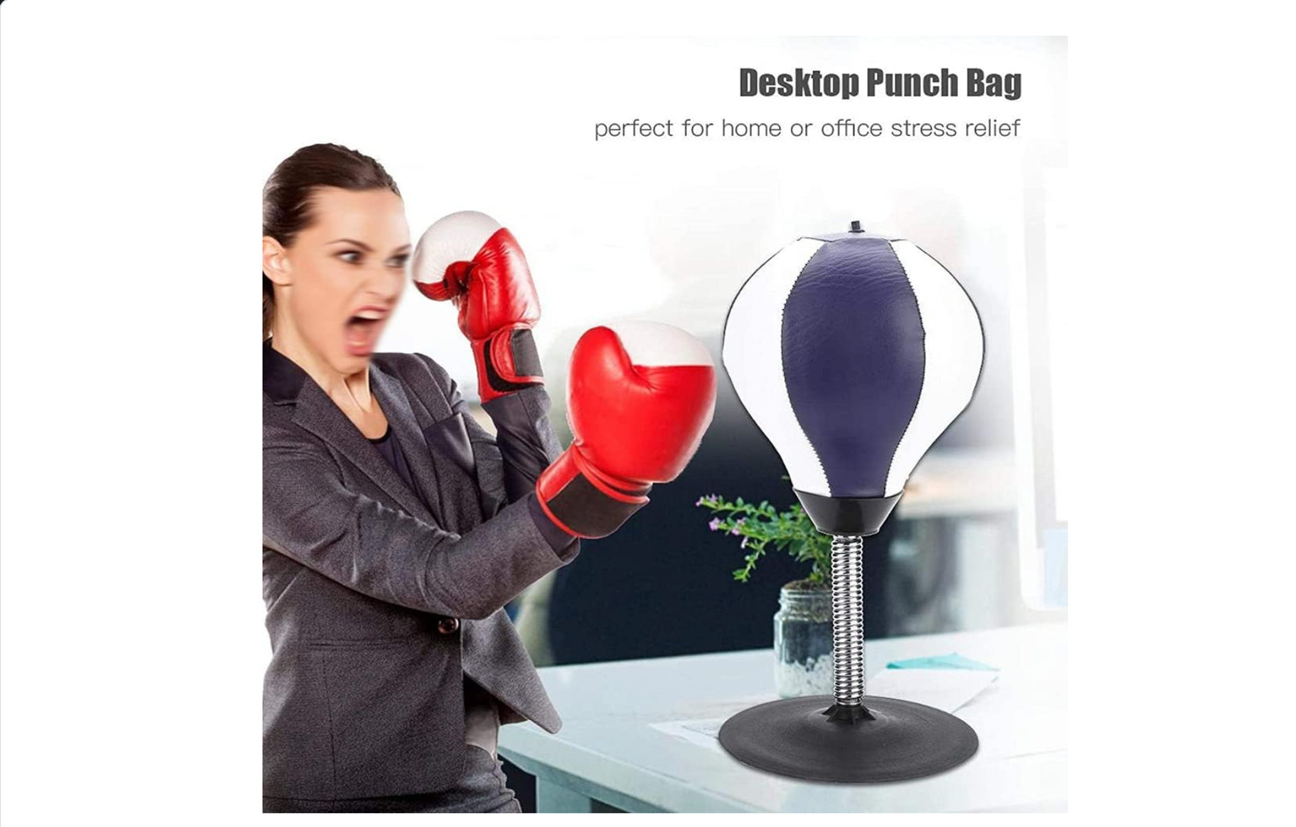 Stress relief, Sucker Punch desktop punching bag, Desk-mounted, Versatile placement, Super addicting, Stress-relieving toy, Secure sticking, Handles hardest punches, Heavy-duty spring, Fast reaction bounce back, Relaxing, Good exercise, Weight: 0.72KG / 1.59LB