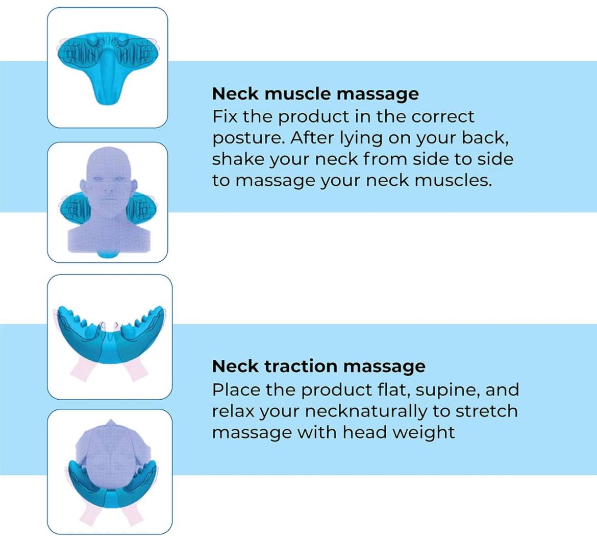 Cervical Spine Massage Pillow, long hours in front of a computer, unique shape, neck contours, soothing massage, relaxation, tension relief, recommended usage: 10 minutes, daily routine, neck and face improvement, massage functions, release tension, stimulate lymphatic flow, improve blood circulation, versatile usage, lightweight and compact, portable, convenient, lying down, sitting, or in the car, enhance well-being