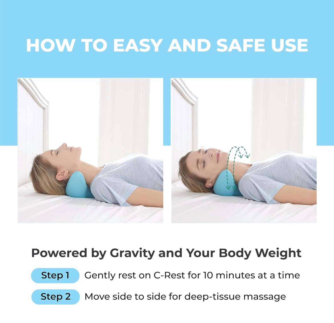 Cervical Spine Massage Pillow, long hours in front of a computer, unique shape, neck contours, soothing massage, relaxation, tension relief, recommended usage: 10 minutes, daily routine, neck and face improvement, massage functions, release tension, stimulate lymphatic flow, improve blood circulation, versatile usage, lightweight and compact, portable, convenient, lying down, sitting, or in the car, enhance well-being