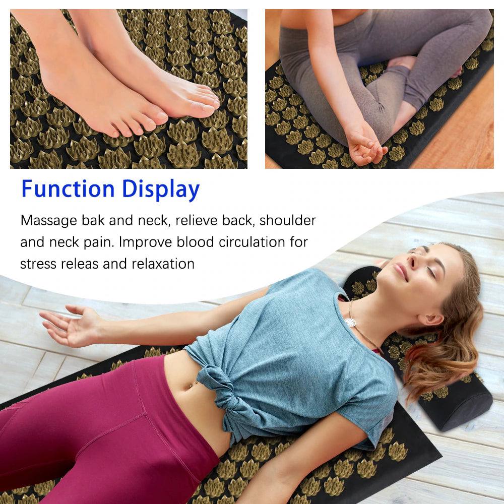 Relieve tension and relaxation with the Acupressure Massage Mat and Pillow. Featuring massage heads for neck, waist, back, and buttocks relief, this set provides short-term on/off pressure relief. Crafted from premium materials, it ensures comfort and lasting performance. Mat and pillow for yoga relaxation, fatigue, and swelling relief. Needle-point mat and needle-point pillow.